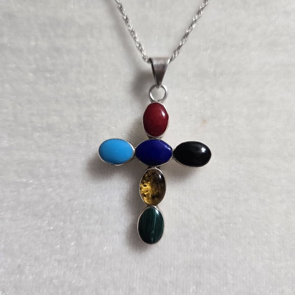 Signed stamped 925 Mexico sterling silver multicolor cabochons stones necklace - Picture 2 of 6